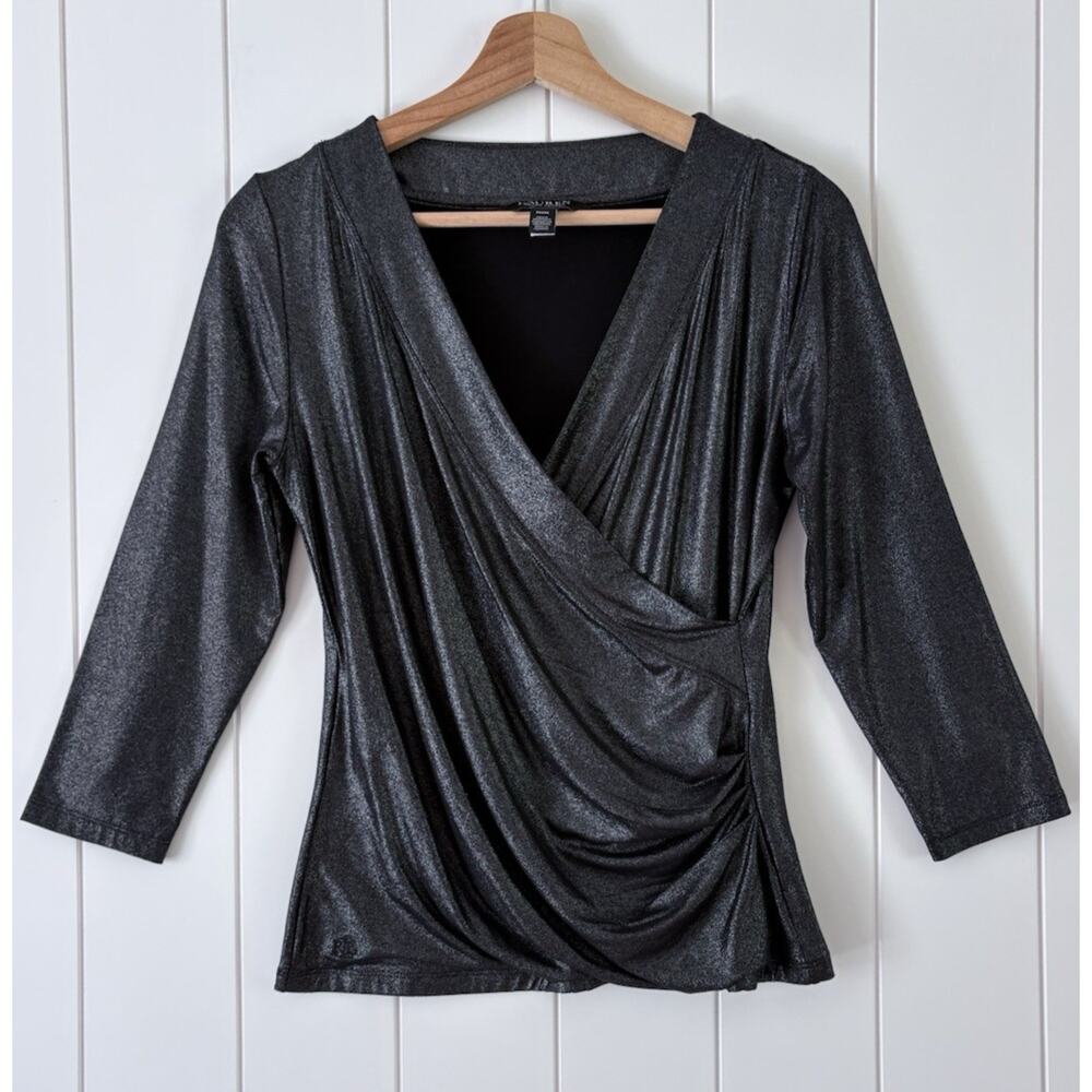 Lauren Ralph Lauren Shimmer Surplice Top Black Silver Metallic Petite M Party
